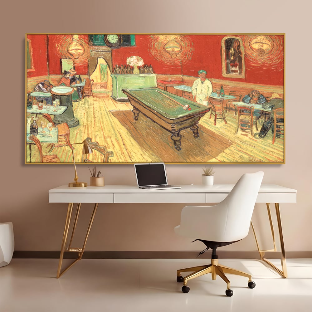 Tablou canvas cu reproducere pictura biliard intr-un bar, in rama de aluminiu auriu, pe perete intr-un birou